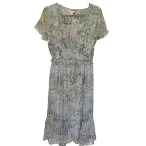 Lauren Conrad NWT Flutter Sleeve Wrap Midi Dress Blue Gold floral Size Medium